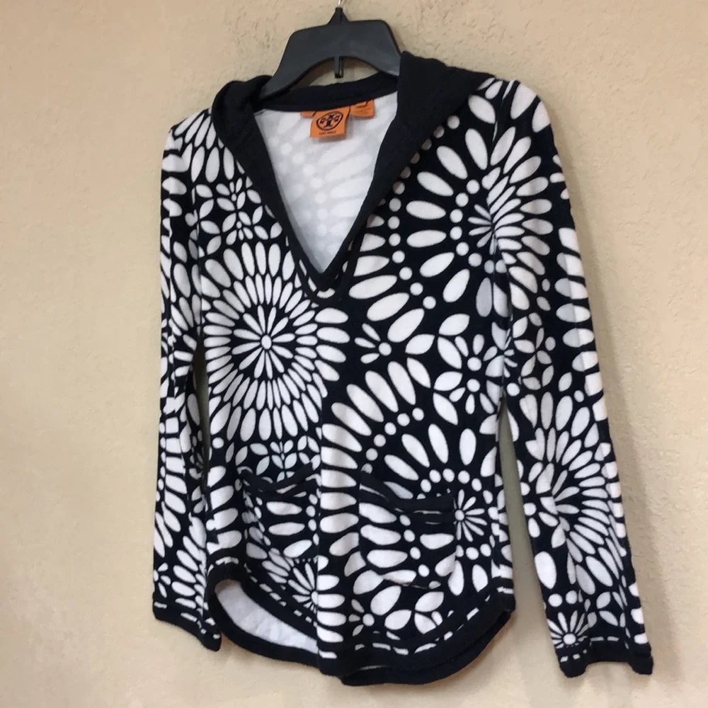 Tory Burch womans Wanda Towel Material Hooded Tunic Top Coverup V-neck size XS - Picture 2 of 8